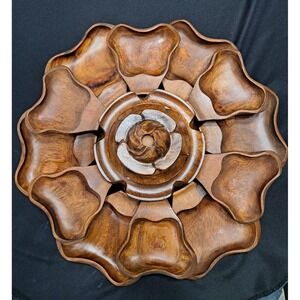 Vintage Large Monkey Pod Lotus Flower Serving Bowls Set Wood Bowl with Lid 14 Pc